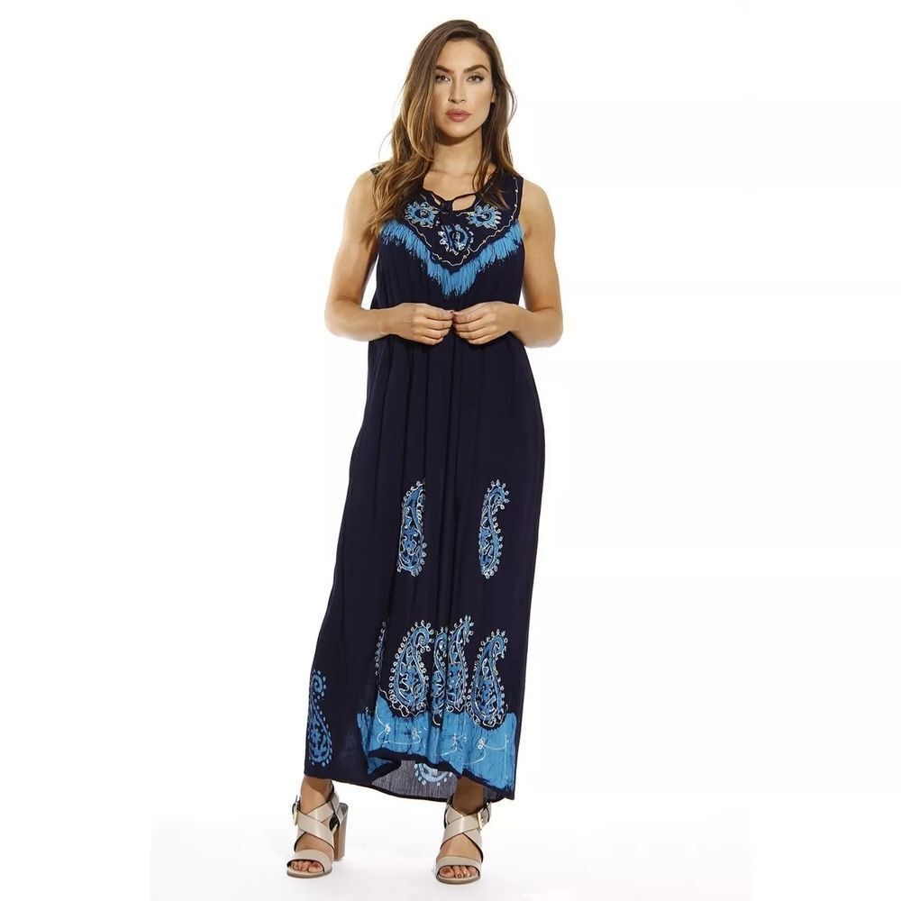Riviera Sun Navy  Embroidered Boho Sleevless Dress